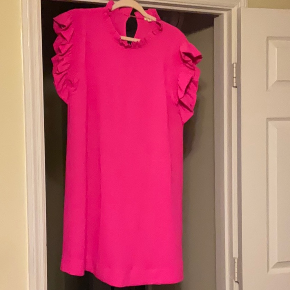 JODIFL Pink Ruffled A-line Dress with Flutter Sleeves